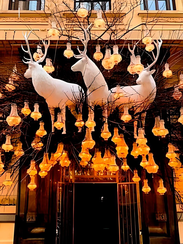 Decoración entrada hotel con luces y ciervos